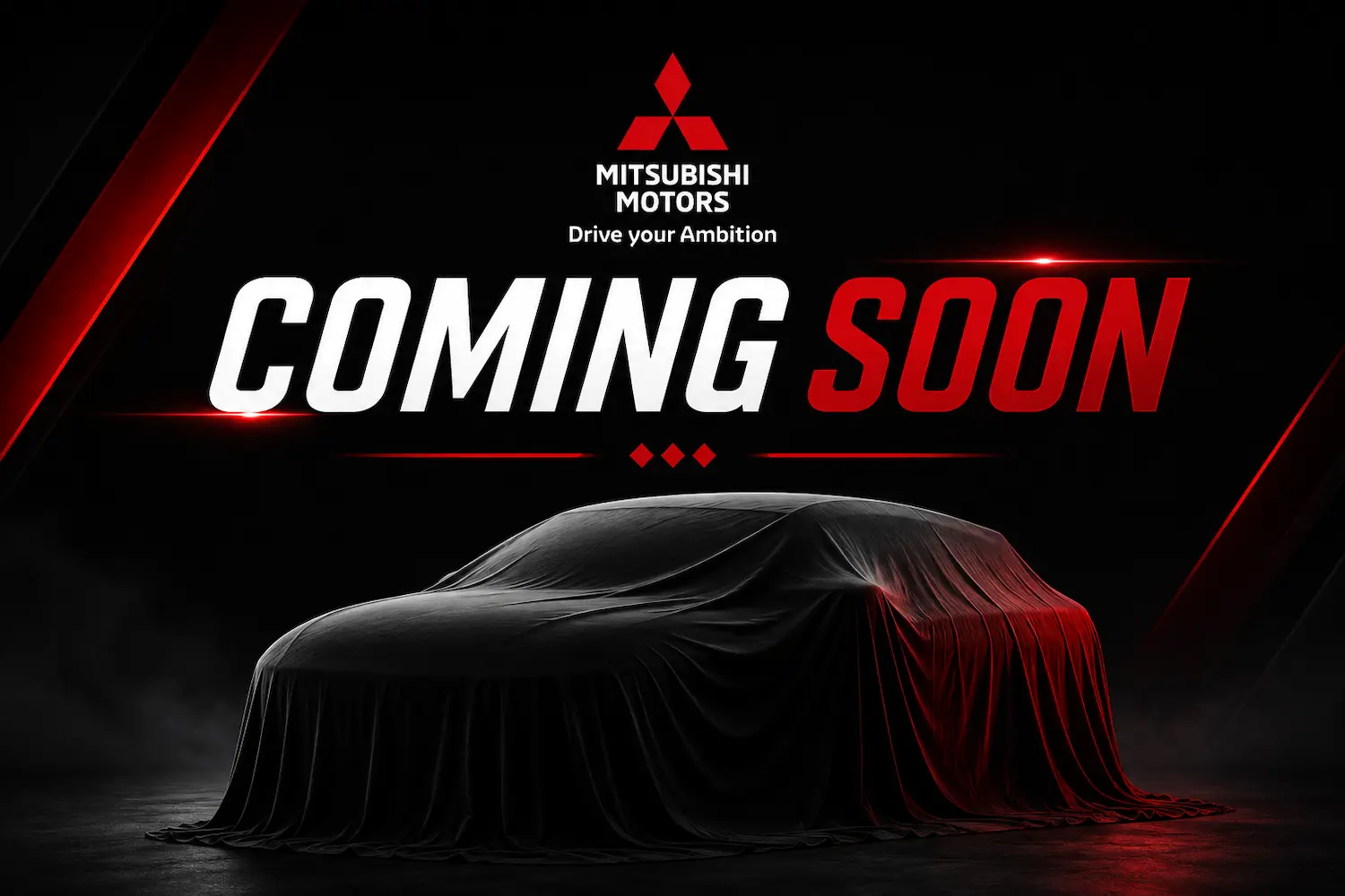 Mitsubishi Motors COMING SOON announcement with a car covered in a red and black drape glowing red.